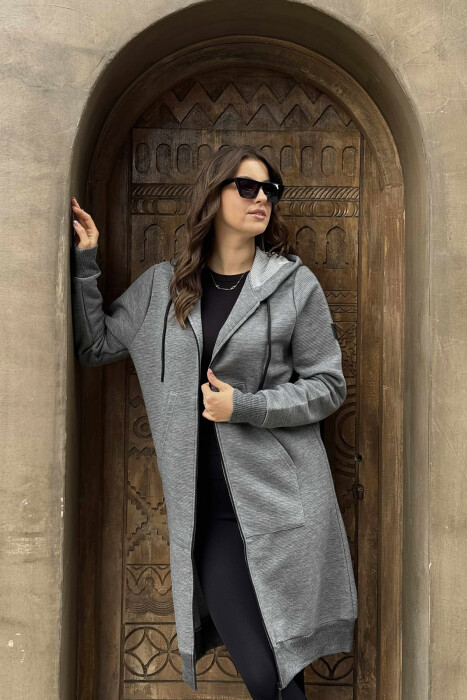 ONE COLOR LONG SIMPLE HOOD WOMEN JACKET GREY/GRI - 2
