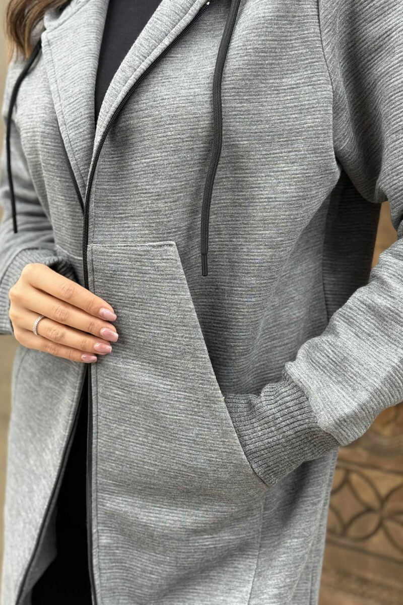 ONE COLOR LONG SIMPLE HOOD WOMEN JACKET GREY/GRI - 5