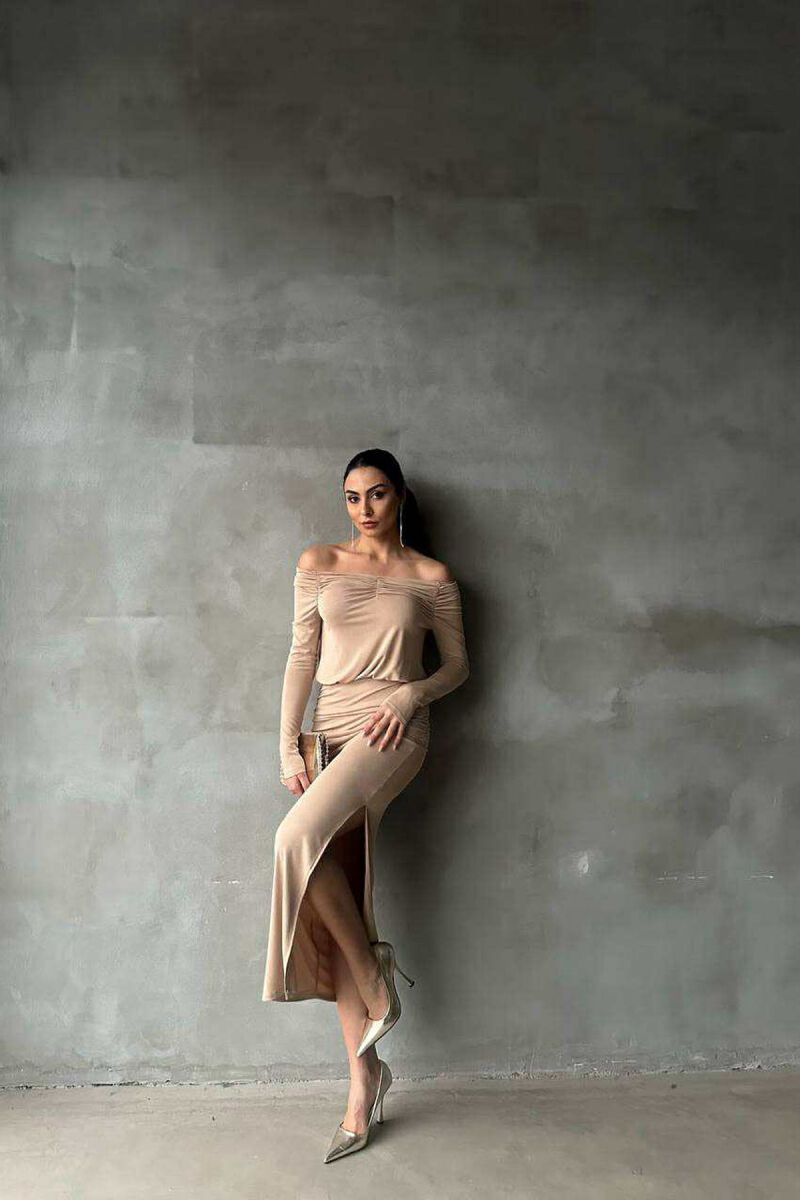 ONE COLOR LONG SIMPLE WOMEN DRESS BEIGE/BEZHE - 1