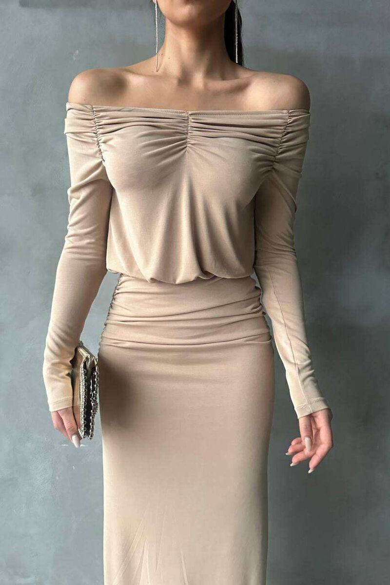 ONE COLOR LONG SIMPLE WOMEN DRESS BEIGE/BEZHE - 2