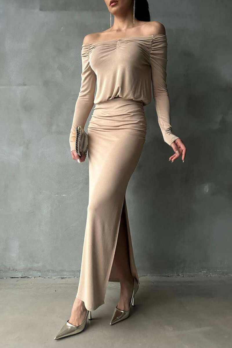 ONE COLOR LONG SIMPLE WOMEN DRESS BEIGE/BEZHE - 3