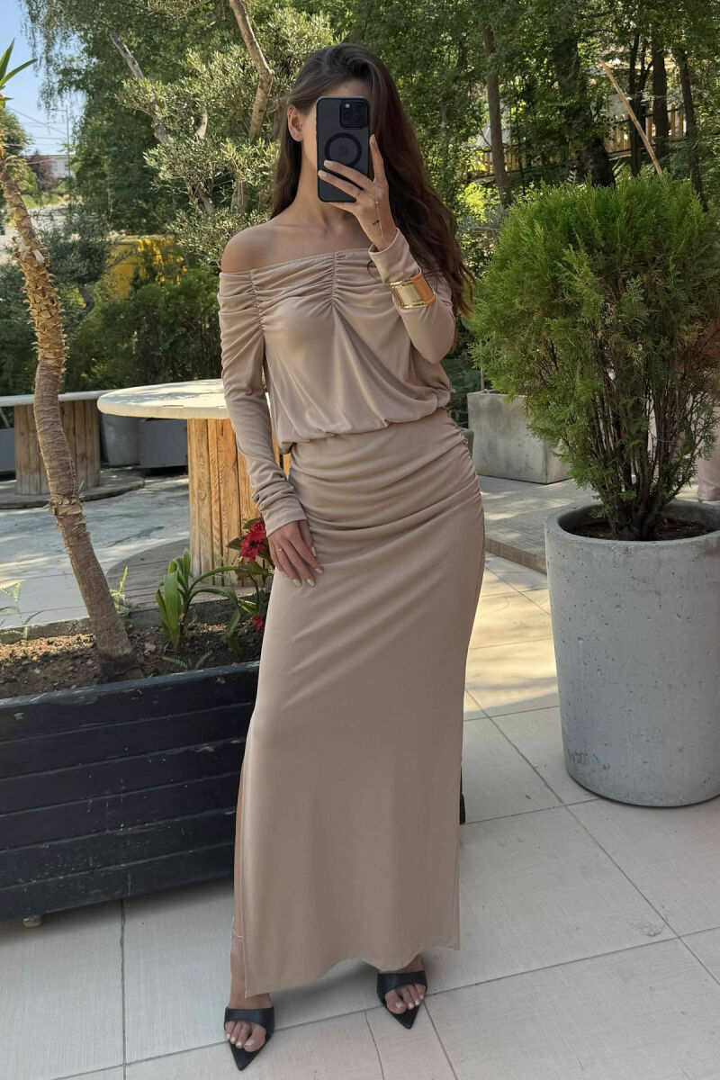 ONE COLOR LONG SIMPLE WOMEN DRESS BEIGE/BEZHE - 1