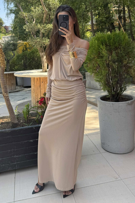 ONE COLOR LONG SIMPLE WOMEN DRESS BEIGE/BEZHE - 4