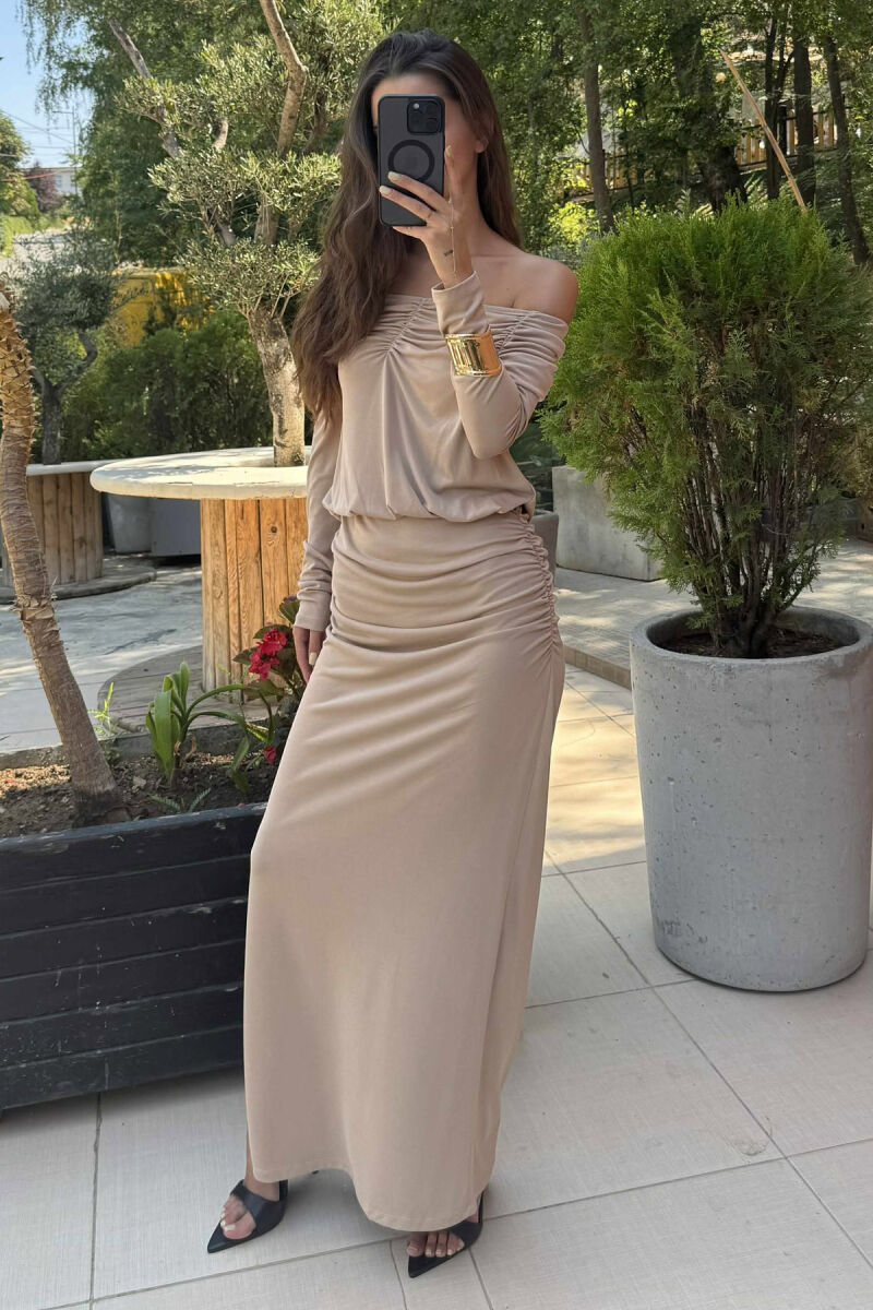 ONE COLOR LONG SIMPLE WOMEN DRESS BEIGE/BEZHE - 4