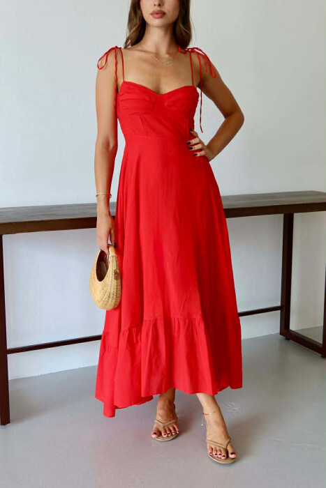 ONE COLOR LONG SIMPLE WOMEN DRESS RED/E KUQE 