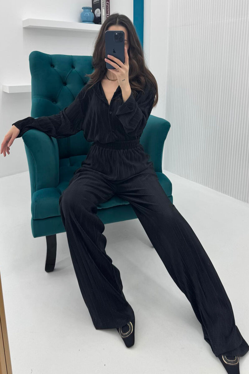 ONE COLOR LONG SLEEEVE SHIRT+TROUSERS WOMEN SET BLACK/ E ZEZE - 4