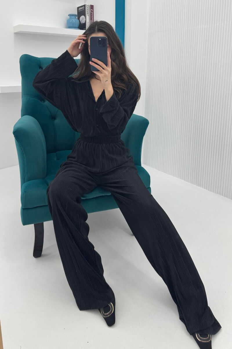 ONE COLOR LONG SLEEEVE SHIRT+TROUSERS WOMEN SET BLACK/ E ZEZE - 5