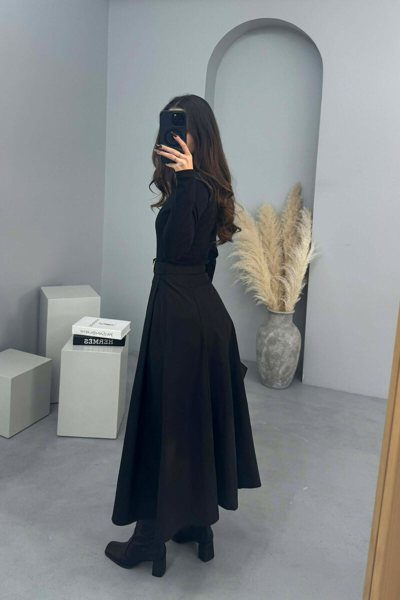 ONE COLOR LONG SLEEVE BELT DETAIL WOMEN DRESS BLACK/ E ZEZE - 2