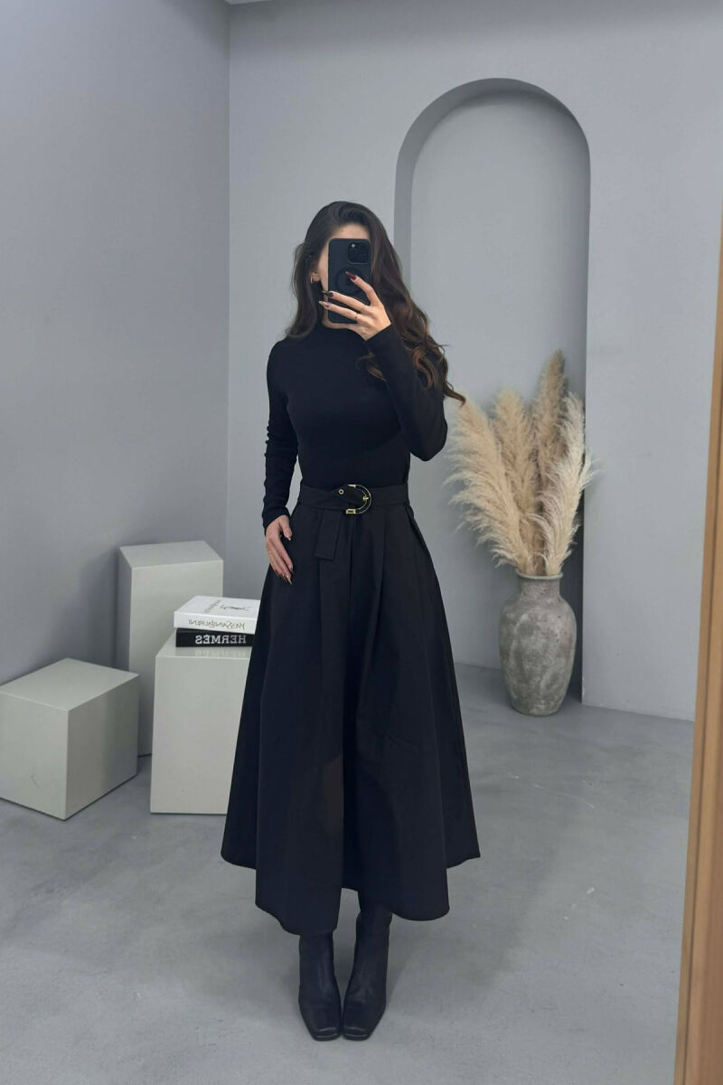 ONE COLOR LONG SLEEVE BELT DETAIL WOMEN DRESS BLACK/ E ZEZE - 3