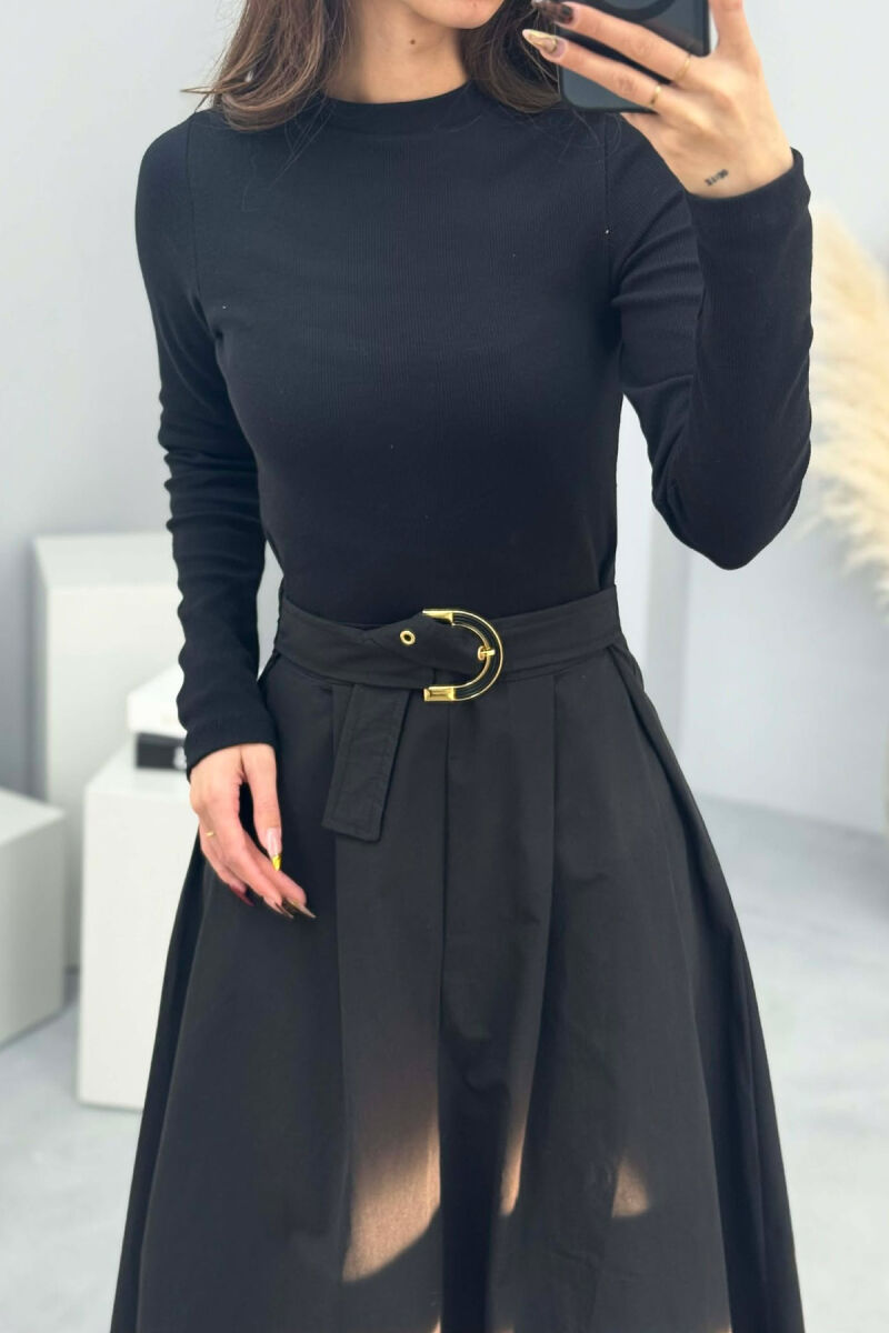 ONE COLOR LONG SLEEVE BELT DETAIL WOMEN DRESS BLACK/ E ZEZE - 4