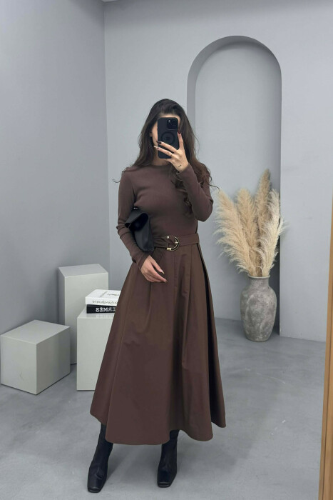 ONE COLOR LONG SLEEVE BELT DETAIL WOMEN DRESS BROWN/KAFE - KLAUDIO FASHION