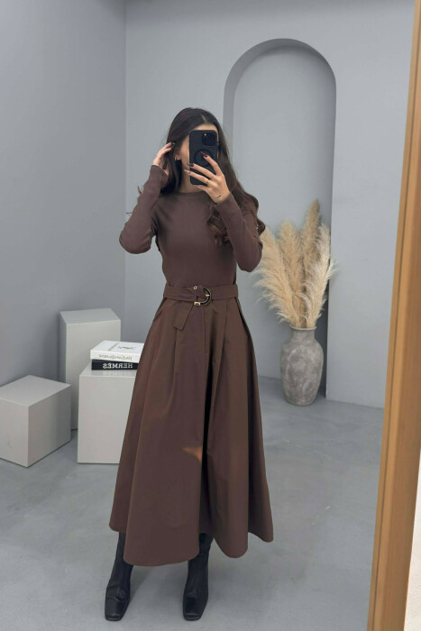 ONE COLOR LONG SLEEVE BELT DETAIL WOMEN DRESS BROWN/KAFE - 2
