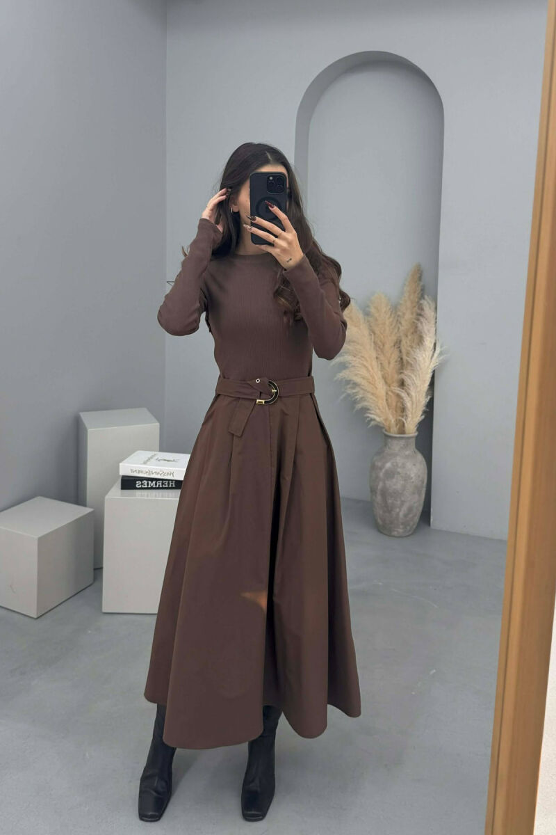 ONE COLOR LONG SLEEVE BELT DETAIL WOMEN DRESS BROWN/KAFE - 2