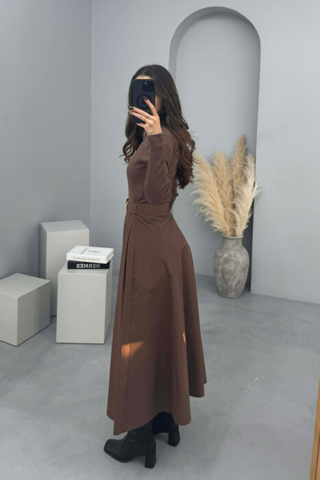 ONE COLOR LONG SLEEVE BELT DETAIL WOMEN DRESS BROWN/KAFE - 3