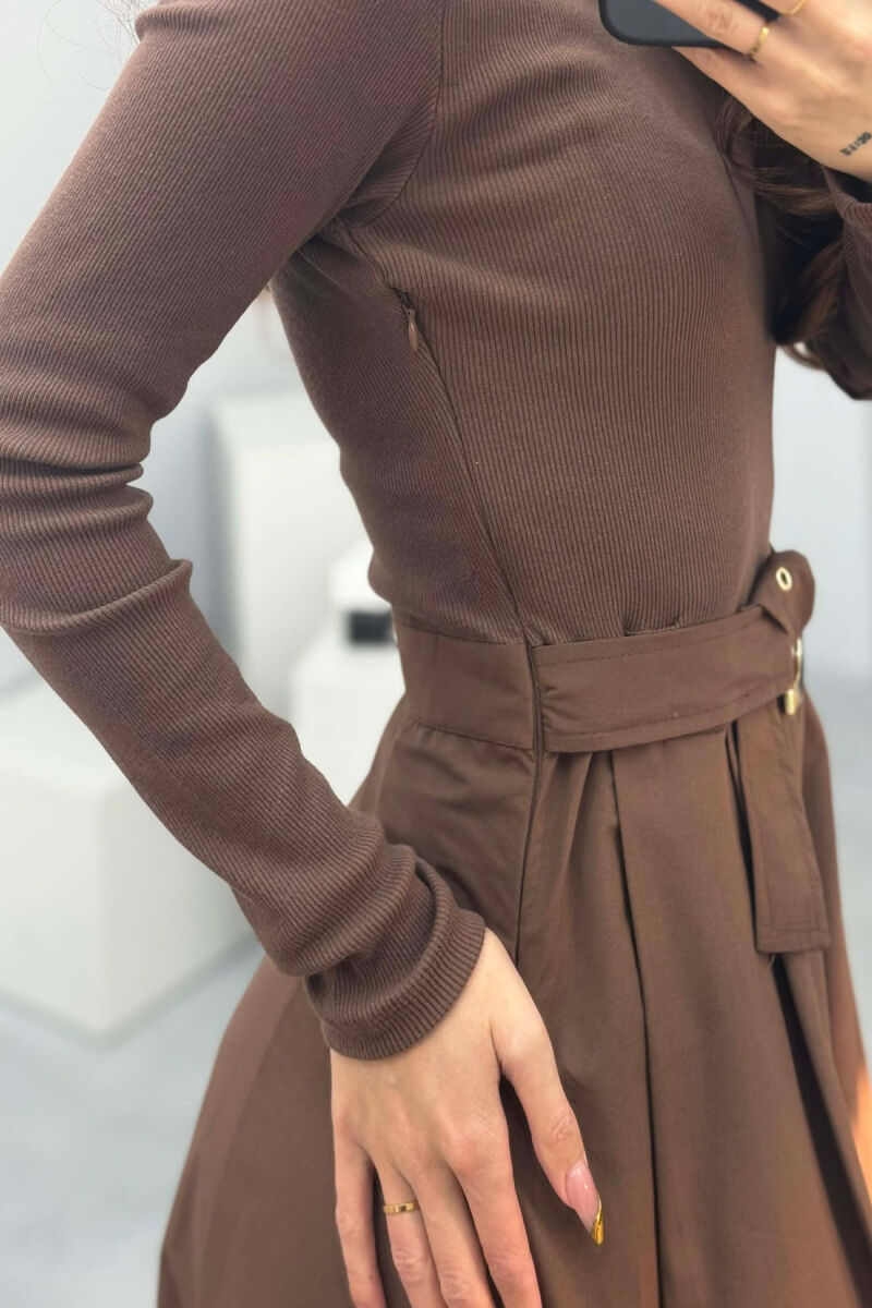 ONE COLOR LONG SLEEVE BELT DETAIL WOMEN DRESS BROWN/KAFE - 4