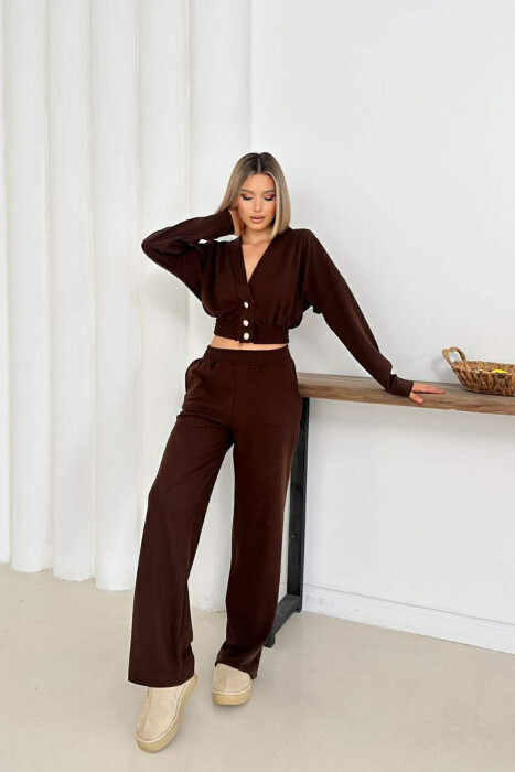 ONE COLOR LONG SLEEVE CROP TOP+TROUSERS WOMEN SET BROWN/KAFE 
