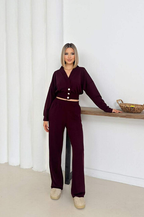 ONE COLOR LONG SLEEVE CROP TOP+TROUSERS WOMEN SET BURGUNDY/VISHNJE 