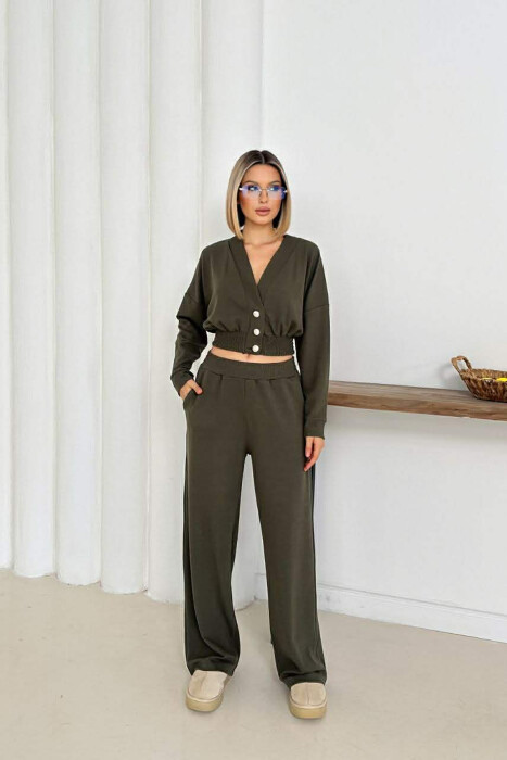 ONE COLOR LONG SLEEVE CROP TOP+TROUSERS WOMEN SET GREEN/JESHILE - 1