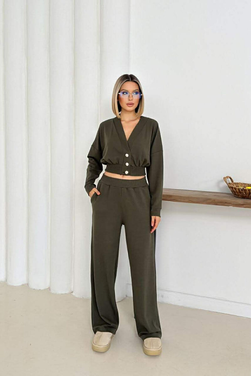 ONE COLOR LONG SLEEVE CROP TOP+TROUSERS WOMEN SET GREEN/JESHILE - 1
