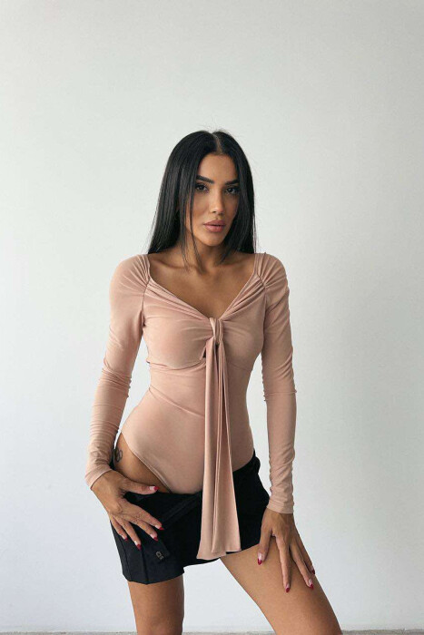 ONE COLOR LONG SLEEVE RIBBON DETAIL WOMEN BODY BEIGE/BEZHE 