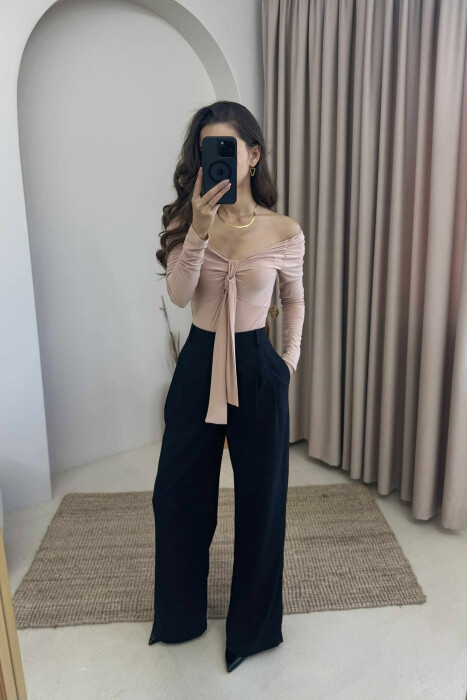 ONE COLOR LONG SLEEVE RIBBON DETAIL WOMEN BODY BEIGE/BEZHE - KLAUDIO FASHION