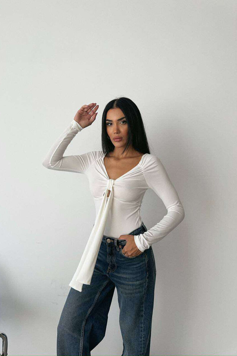 ONE COLOR LONG SLEEVE RIBBON DETAIL WOMEN BODY WHITE-E BARDHE - 2
