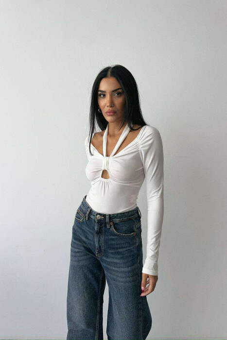 ONE COLOR LONG SLEEVE RIBBON DETAIL WOMEN BODY WHITE-E BARDHE - 3