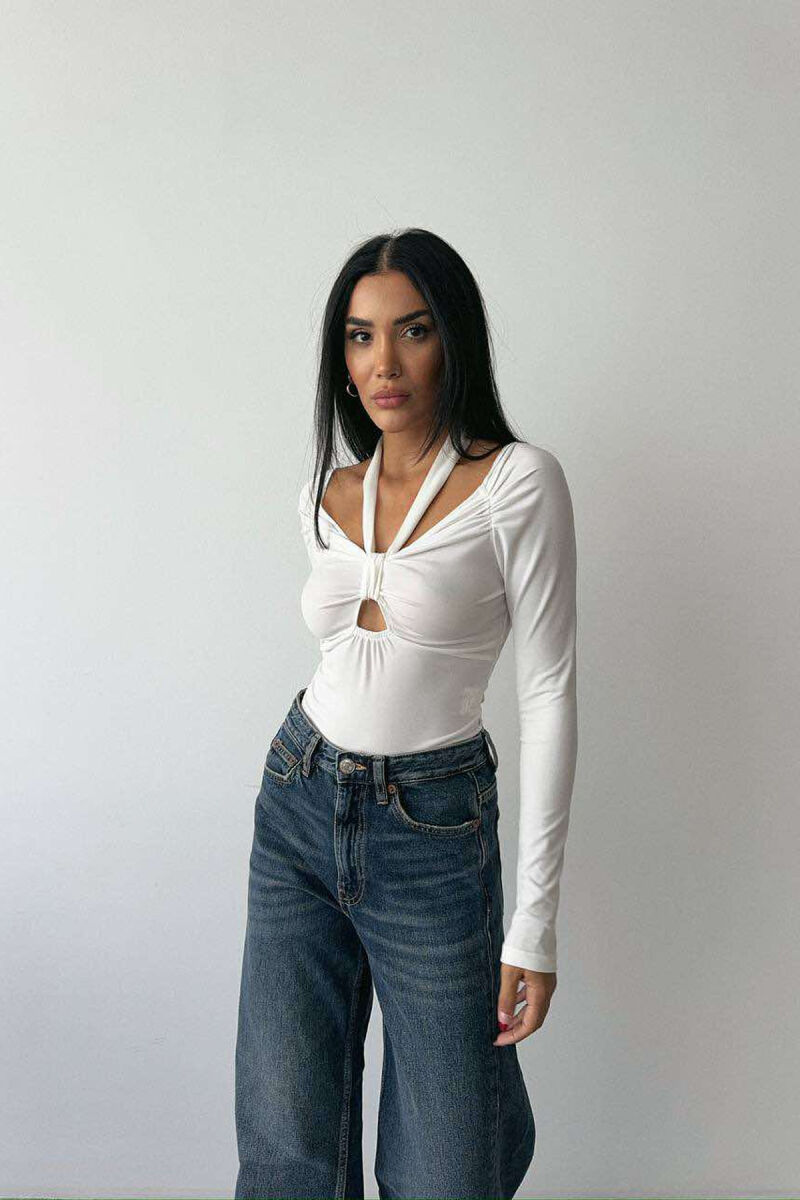 ONE COLOR LONG SLEEVE RIBBON DETAIL WOMEN BODY WHITE-E BARDHE - 3