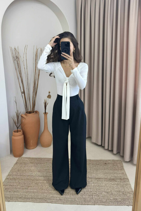 ONE COLOR LONG SLEEVE RIBBON DETAIL WOMEN BODY WHITE-E BARDHE 