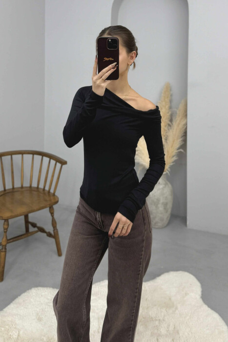 ONE COLOR LONG SLEEVE SIMPLE WOMEN SWEATSHIRT BLACK/ E ZEZE - 2