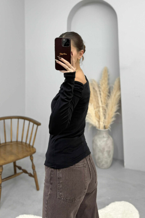 ONE COLOR LONG SLEEVE SIMPLE WOMEN SWEATSHIRT BLACK/ E ZEZE - 4