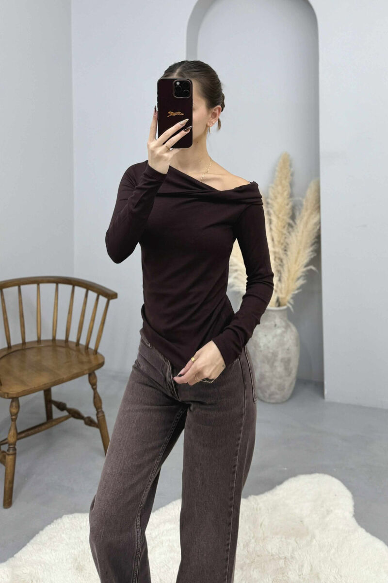 ONE COLOR LONG SLEEVE SIMPLE WOMEN SWEATSHIRT DARK BROWN/KAE - 2