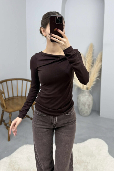 ONE COLOR LONG SLEEVE SIMPLE WOMEN SWEATSHIRT DARK BROWN/KAE - 3