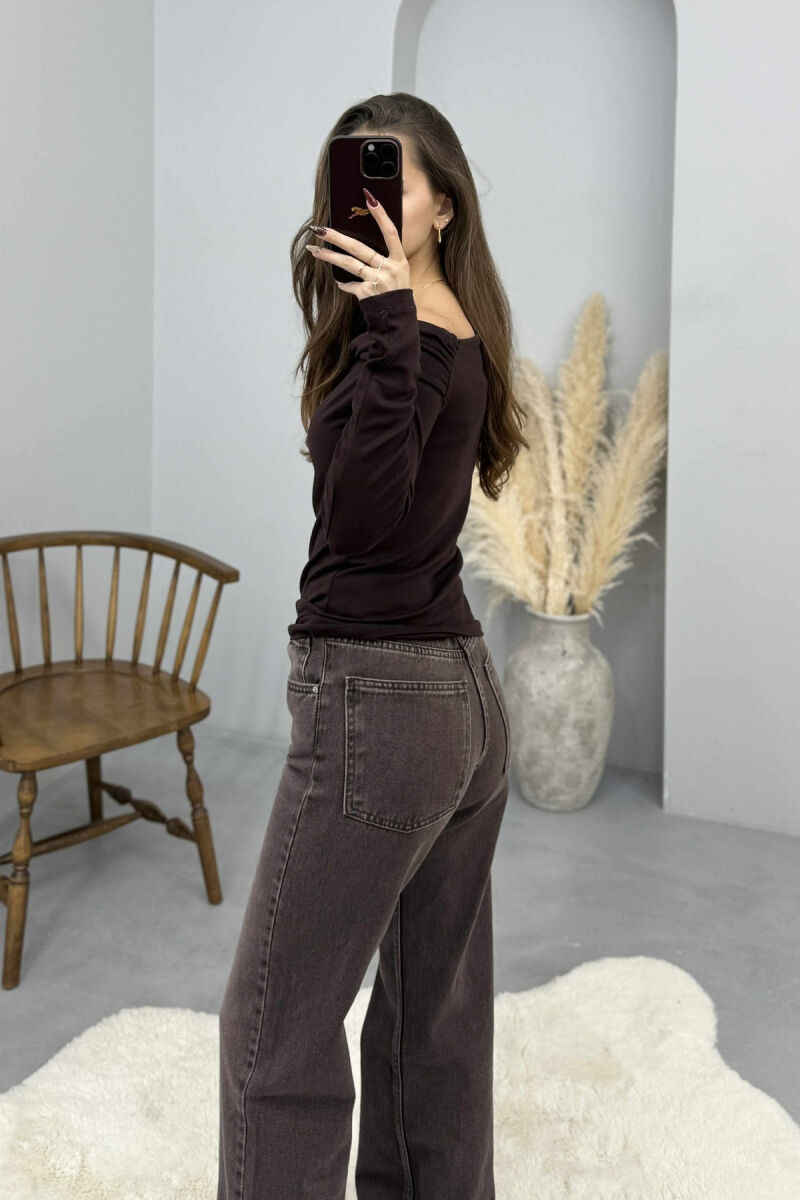 ONE COLOR LONG SLEEVE SIMPLE WOMEN SWEATSHIRT DARK BROWN/KAE - 4