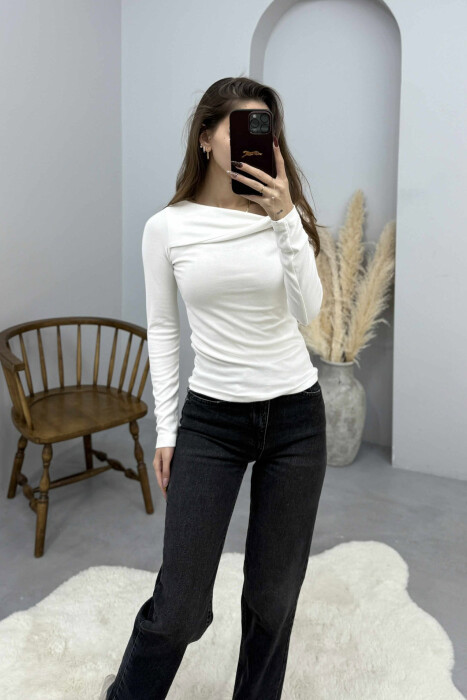 ONE COLOR LONG SLEEVE SIMPLE WOMEN SWEATSHIRT WHITE-E BARDHE 