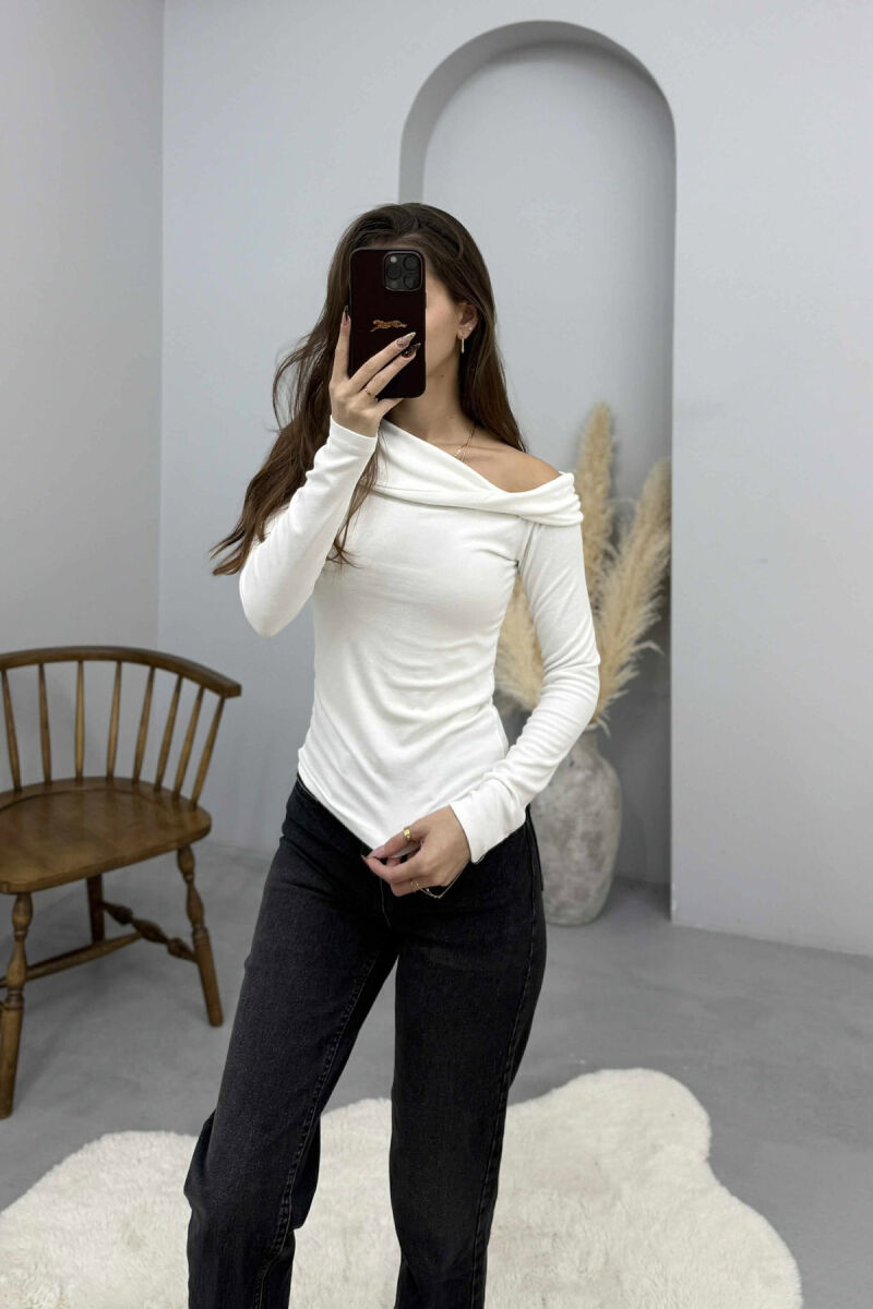 ONE COLOR LONG SLEEVE SIMPLE WOMEN SWEATSHIRT WHITE-E BARDHE - 2