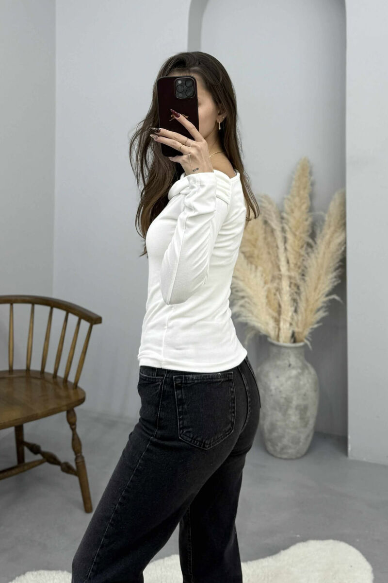 ONE COLOR LONG SLEEVE SIMPLE WOMEN SWEATSHIRT WHITE-E BARDHE - 3