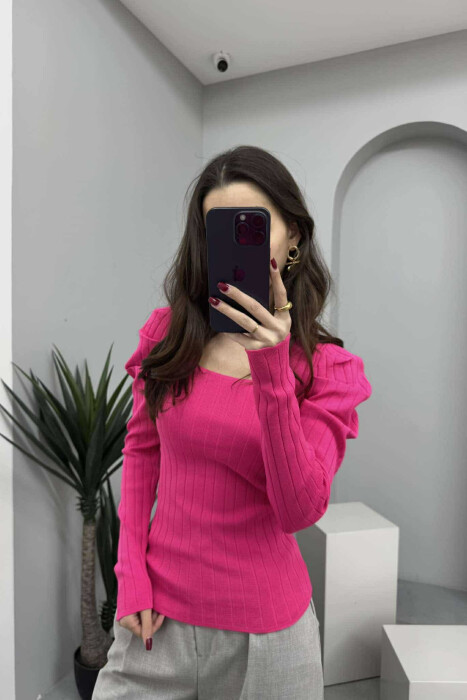 ONE COLOR LONG SLEEVE SQUARE NECK WOMEN SWEATER FUCHSIA/CIKLAMI - 3