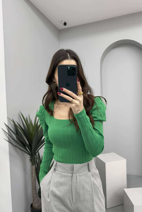 ONE COLOR LONG SLEEVE SQUARE NECK WOMEN SWEATER GREEN/JESHILE 