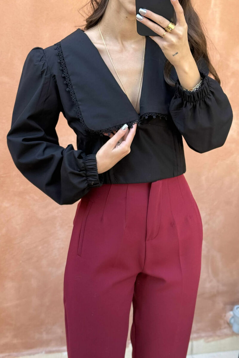 ONE COLOR LONG SLEEVE V NECK WOMEN SHIRT BLACK/ E ZEZE - 3