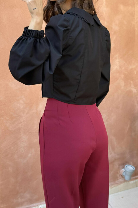 ONE COLOR LONG SLEEVE V NECK WOMEN SHIRT BLACK/ E ZEZE - 4