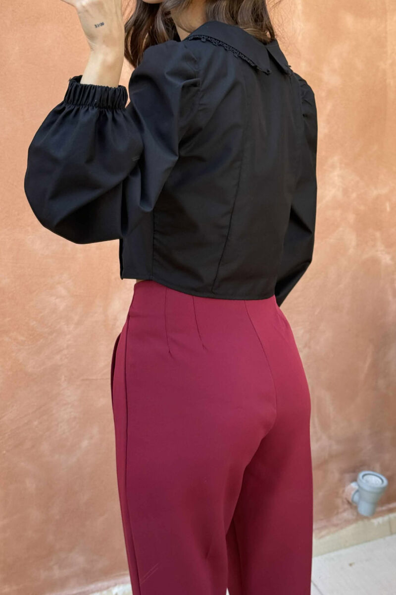 ONE COLOR LONG SLEEVE V NECK WOMEN SHIRT BLACK/ E ZEZE - 4