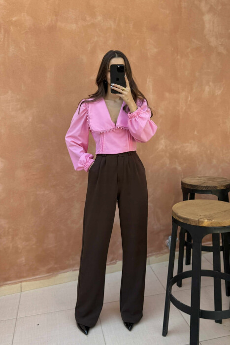 ONE COLOR LONG SLEEVE V NECK WOMEN SHIRT PINK/ROZE - 1