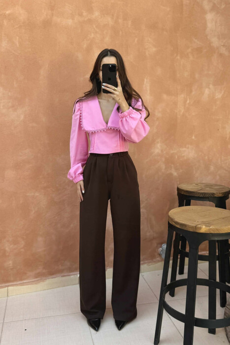 ONE COLOR LONG SLEEVE V NECK WOMEN SHIRT PINK/ROZE - 2