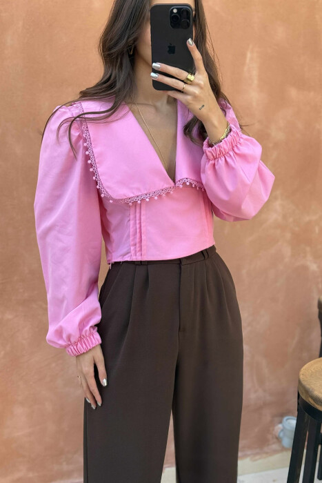 ONE COLOR LONG SLEEVE V NECK WOMEN SHIRT PINK/ROZE - 3