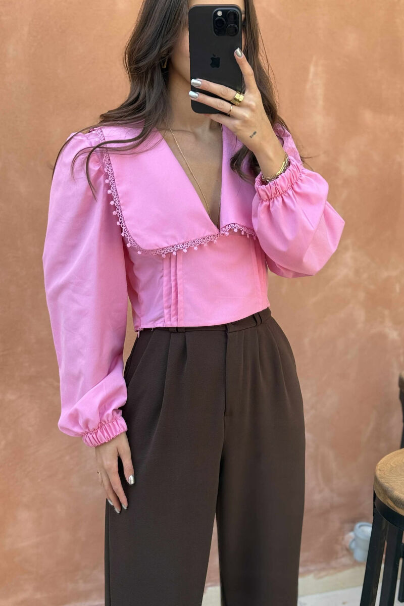 ONE COLOR LONG SLEEVE V NECK WOMEN SHIRT PINK/ROZE - 3