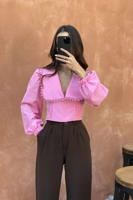 ONE COLOR LONG SLEEVE V NECK WOMEN SHIRT PINK/ROZE - 4