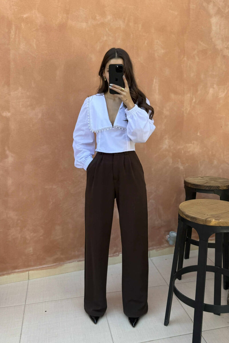 ONE COLOR LONG SLEEVE V NECK WOMEN SHIRT WHITE-E BARDHE - 1