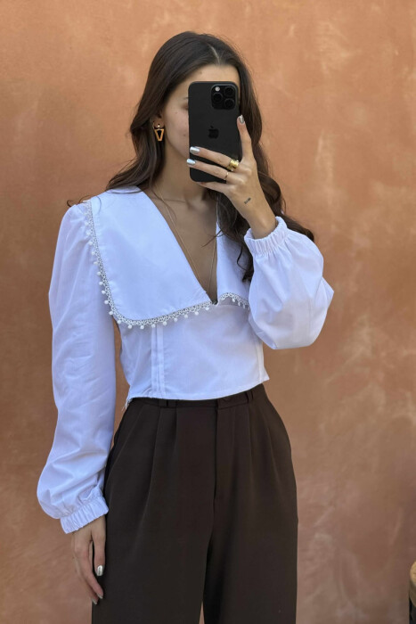 ONE COLOR LONG SLEEVE V NECK WOMEN SHIRT WHITE-E BARDHE - 2