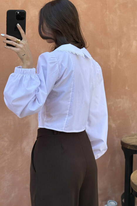 ONE COLOR LONG SLEEVE V NECK WOMEN SHIRT WHITE-E BARDHE - 3